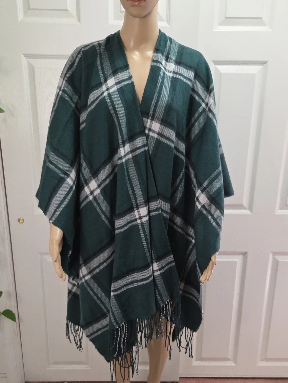 Lane Bryant Teal Plaid Fringe Shawl